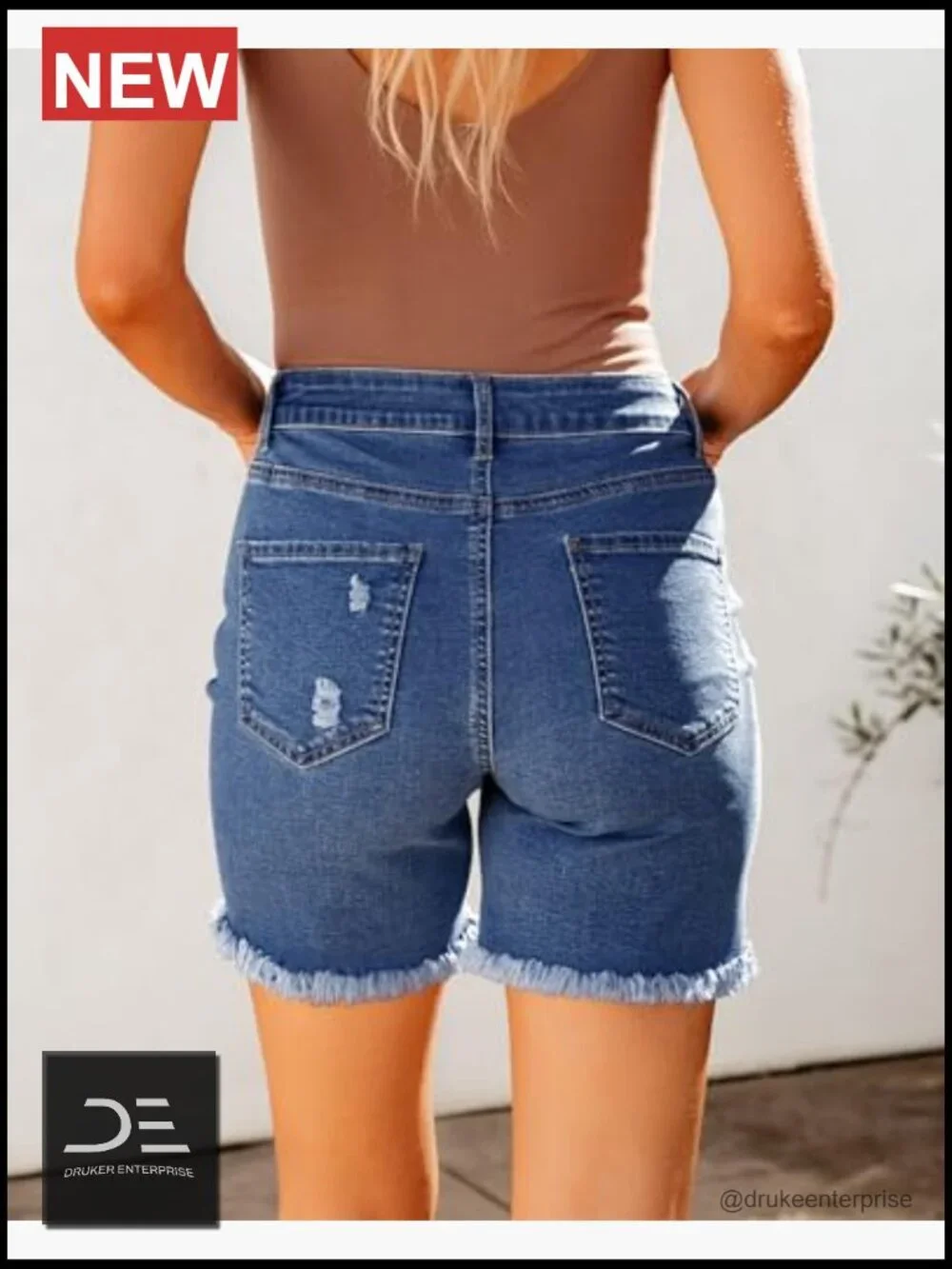 High Waisted Distressed Stretchy Denim Long Shorts with Raw Hem